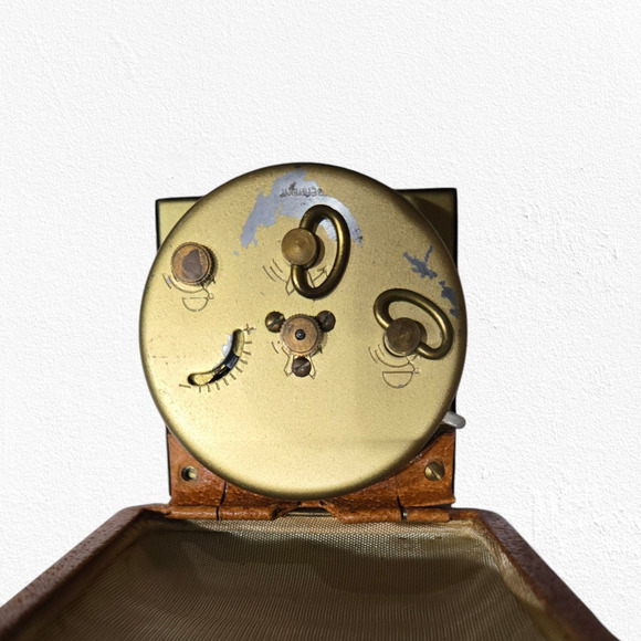 50s Vintage Hampden Travel Alarm Clock Wind-Up Mid-Century Leather Folding Case - Picture 3 of 6